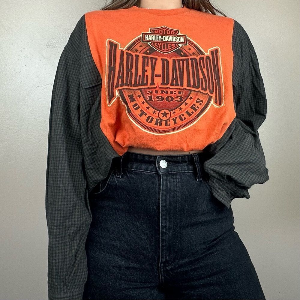 Harley-Davidson Reworked Orange Long Sleeve Motorcycle Relaxed Fit Flannel Shirt
